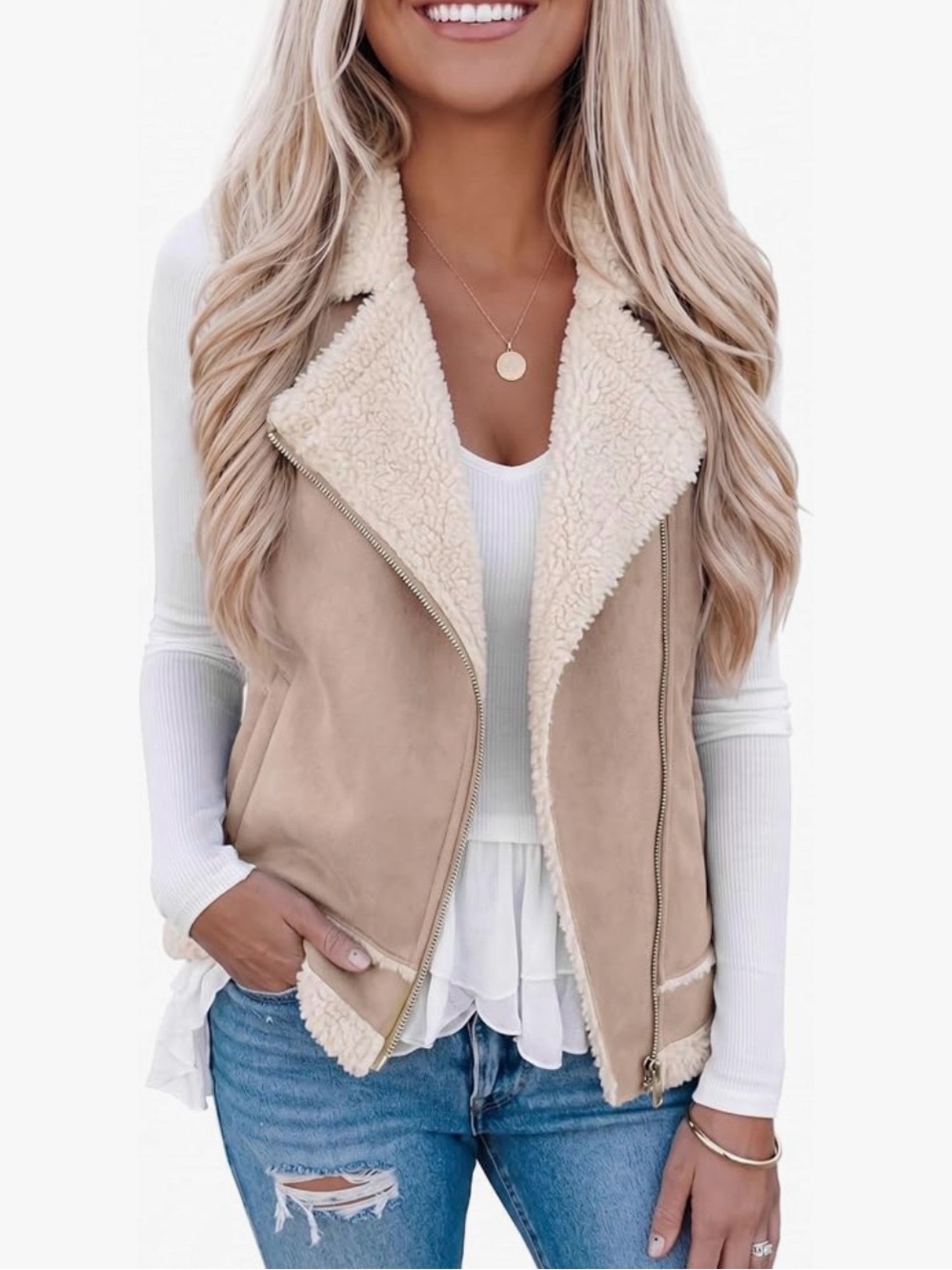 Women’s Cream & Tan Faux Suede Sherpa Vest with Open Collar